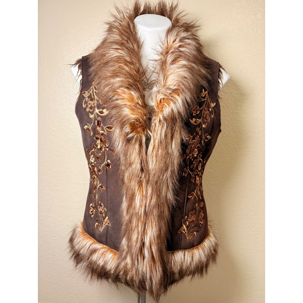 Y2K INC International Concepts Faux Suede Fur Trim Embroidered Gemstone Vest S